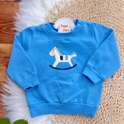 Conj. Casaco Cavalinho de Brinquedo e Calça de Moletom - Azul Bebê e Chumbo